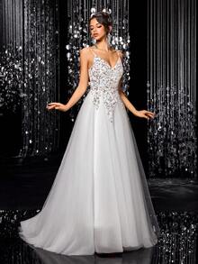 Elegant White Sequin Decorated V-Neck A-Line Evening Gown, Suitable For Weddings, Parties, Christmas, New Year And More - White - View 7