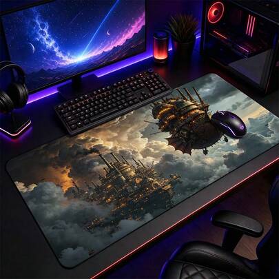 1 buc. mouse pad mare de gaming Steampunk cu aerostat zburător, covoraș de birou fantasy cu nori și cer, antiderapant, extins, pentru decorul camerei de jocuri