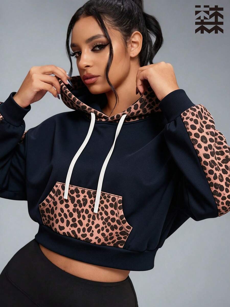 mulinsen Women's Leopard Print Patchwork Short Sweatshirt Sweatshirt, Drawstring Drop Shoulder Sports Sweatshirt, Suitable For Daily Streetwear Style - Black - View 1