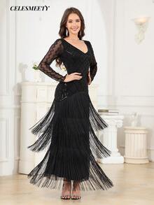 Robe de soirée Top de gamme pour femmes, patchwork, manches longues, à franges et perles, robe de banquet, de fête et de vacances - Noir - Voir 3