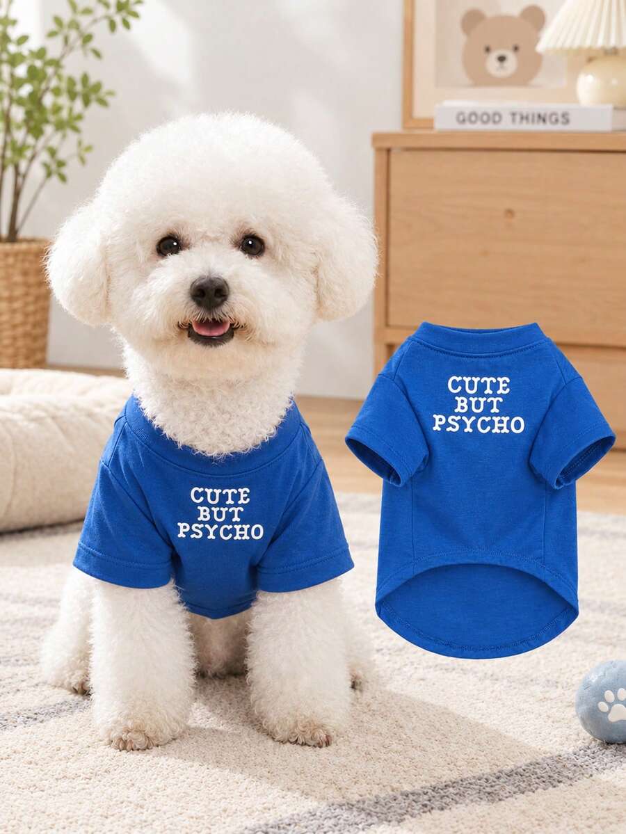 Lightweight Blue Pet Outfit With Letter Print Crew Neck T-Shirt Design, Suitable For Small Cats And Dogs, Perfect For Home Or Outdoor Wear, All Seasons (This Item Runs Small, Recommend Buying 1-2 Sizes Larger)