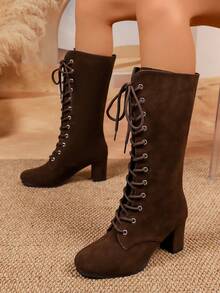 2026 New Round Toe Chunky Heel Women's Ankle Boots, Height-Increasing Versatile Lace-Up Ankle Boots For Autumn/Winter - Brown - View 3