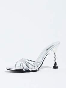 Women's Silver High Heel Sandals With Thin Straps, Open Toe, Spiral Stiletto Heel, Mule Shoes For Party And Commute - Silver - View 4