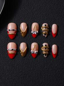 10pcs/Set Handmade Press-On Almond Nails, Built-Up Thickened Autumn/Winter Hand-Painted Burgundy French Nude Cherry Gold Bead Line Inlay Y2K Style, Includes 1pc Jelly Glue And 1pc Nail File, Suitable For Daily And Party Nail Care - Multicolor - View 2