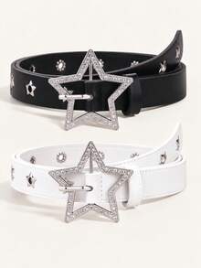 2pcs Women's Y2K Style Star Series Sparkling Diamond Engraved Metal Hollow Star Belt, Jeans Accessory, Suitable For Daily Use - Rhinestone Star Black and White - View 1