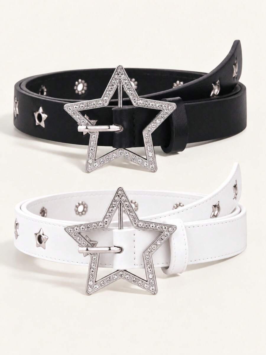 2pcs Women's Y2K Style Star Series Sparkling Diamond Engraved Metal Hollow Star Belt, Jeans Accessory, Suitable For Daily Use - Rhinestone Star Black and White - View 1