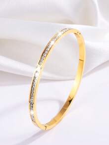 1pc Creative Exquisite Stainless Steel Single Row Rhinestone Bracelet With 3 Center Holes, Suitable For Women's Dating Wear - Gold - View 23