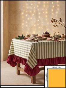 1pc Green & White Thin Striped With Burgundy Ruffle Edge Tablecloth, Christmas Holiday Style Fabric Material, Rectangular Burgundy Ruffle Edge Patchwork Detail, Stain-Resistant Protection, Tabletop Decoration And Beautification Function, Suitable For Christmas Dessert Table Arrangement And Holiday Party Scenes - Red - View 21