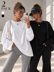 2pcs Women's Loose Plus Size Long Sleeve T-Shirt, Solid Color Crew Neck Drop Shoulder Relaxed Fit Casual Basic Top, Spring Autumn Winter Daily Wear - Multicolor - View 1