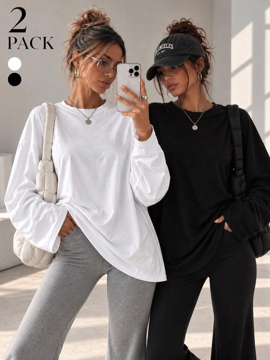 2pcs Women's Loose Plus Size Long Sleeve T-Shirt, Solid Color Crew Neck Drop Shoulder Relaxed Fit Casual Basic Top, Spring Autumn Winter Daily Wear - Multicolor - View 1