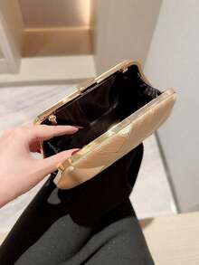 Elegant Champagne Metallic Satin Evening Clutch,Curved Hard Shell With Cross-Woven Stripes,Luxury Women Handbag,For Weddings,Banquets,Cocktail Parties - Apricot - View 6
