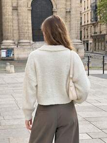 Women's Round Neck Cable Knit Short Pullover, Dropped Shoulder Long Sleeve Casual Sweater With Patch Pockets - White - View 7
