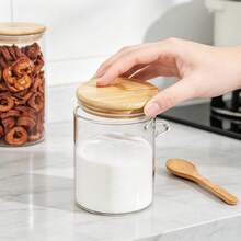 Airtight Clear Glass Storage Canister With Bamboo Lid And Built‑In Side Wooden Spoon, Kitchen Food Container For Tea, Sugar, Spice, Nuts, Dried Fruit, Home Kitchen Organizer. - View 8