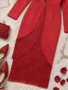 Plus Size Women Elegant Red Sequin Fringe Dress V Neck Long Sleeve Layered Tassel Split Formal Church Evening Wedding Guest Party Maxi Dresses - Red - View 8