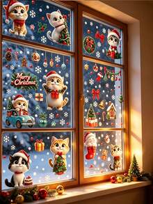 57pcs/9sheets Christmas Window Glass Stickers, Reusable And Detachable Cat Animal Christmas Tree Window Stickers Double-Sided Printing Window Stickers, Windows, Glass Doors, Living Rooms, Home Party Supplies, Holiday Parties, Festival Party And Display Cabinet Decoration - A - View 3