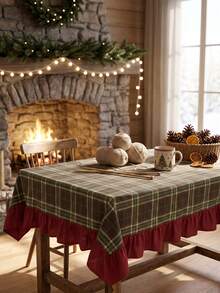 1pc Green Brown Red Classic Large Plaid Tablecloth Traditional Country Style Rectangular Burgundy Ruffle Edge Pleated Detail Stain-Resistant Protective Tablecloth For Home Long Table Suitable For Christmas Family Gathering And Winter Holiday Dining Room Decor - Green - View 4