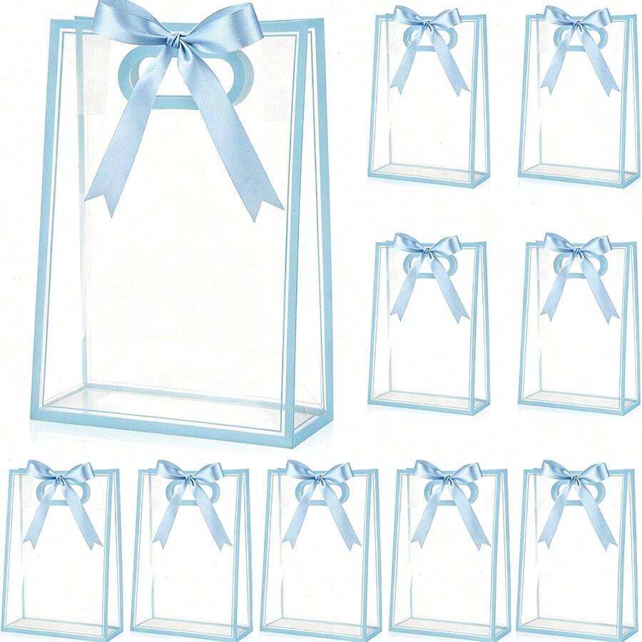 1/4/12pcs Transparent Gift Bags With Ribbons, Suitable For Baby Shower, Graduation, Wedding, Bridal Party, Birthday Party, Business Occasions, With Cut-Out Handles, Reusable PP Material, 7x10x3.15 Inches (Blue) - Blue - View 1