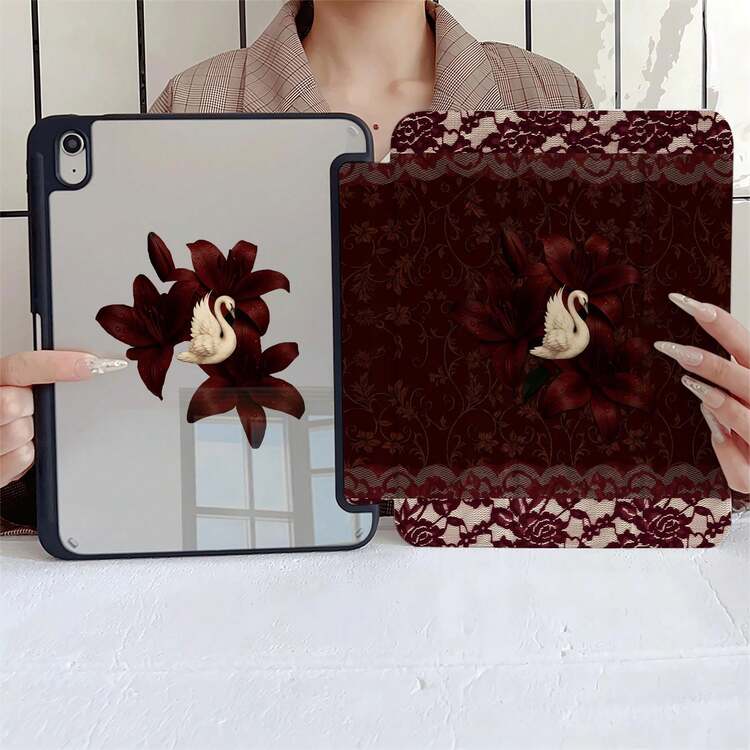 A Burgundy Lily Swan Lace Trim Protective Folio Tablet Case With Pen Holder Compatible With IPad 10th Generation Smart Case/ 11(A16 2025)/Compatible With Samsung Galaxy S9/S7/S10+/Compatible With XIAOMI/Compatible With HUAWEI - Multicolor - View 6