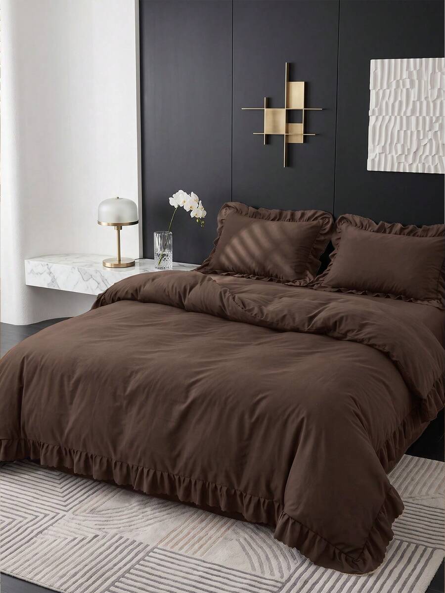 2/3pcs Ruffle Duvet Cover Set, Dorm Bedding, Brown Bedding Set, Cozy Room Decor, Skin-Friendly Breathable, Ultra Soft Anti-Pilling, No Duvet Insert, Suitable For Twin/Full/Queen/King Bed, All Season, Machine Washable, Back To School