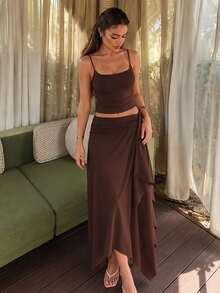 Women's Casual Camisole Top And Asymmetric Hem Skirt 2-Piece Set, Suitable For Street, Party, And Vacation In Spring/Summer Elegant - Brown - View 1