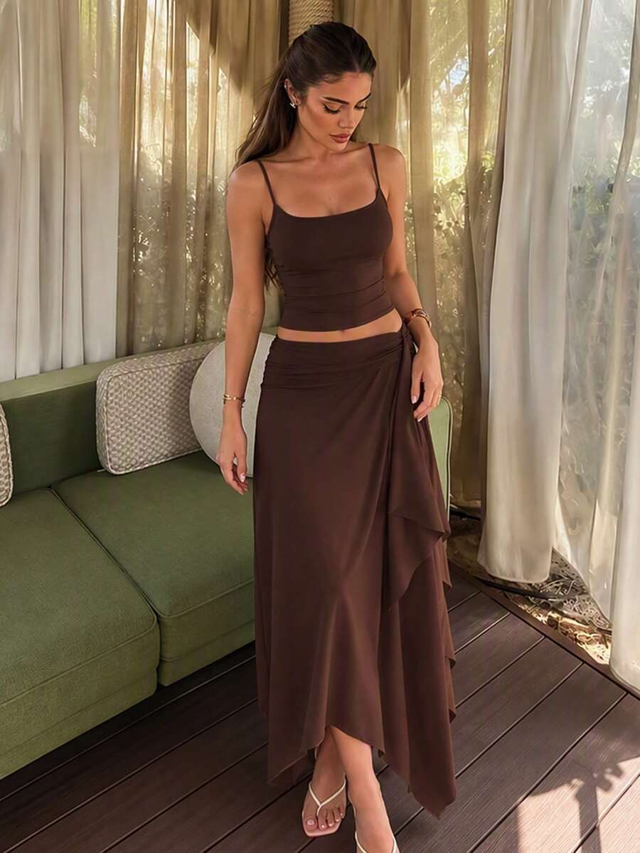 Women's Casual Camisole Top And Asymmetric Hem Skirt 2-Piece Set, Suitable For Street, Party, And Vacation In Spring/Summer Elegant - Brown - View 1