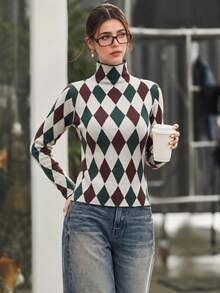 Pull col roulé slim fit décontracté en maille à imprimé argyle pour femmes, manches longues, motif Noël/vacances d'automne/hiver, t-shirt pour le quotidien - Multicolore - Voir 5