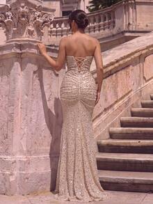 Women's Shiny Sequin Mermaid Evening Gown, Strapless Fitted Waist Long Dress, Suitable For Prom And Formal Occasions - Apricot - View 2