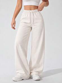 Women High Waist Wide Leg Pants Loose Fit Casual Trousers With Drawstring Waist Solid Color Pants For Everyday Outfit. - White - View 2