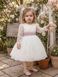 Baby Girls Lace Long Sleeve Embroidered Back V-Neck Puff Tulle Elegant Gorgeous Princess Dress Flower Girl Gown Suitable For 1st Birthday Party Baptism Holiday Ball - White - View 5