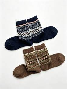 5 Pairs Men's Vintage Fair Isle Jacquard Mid-Calf Socks, Diamond Geometric Pattern Casual Socks For Daily Wear, Autumn/Winter - Multicolor - View 4