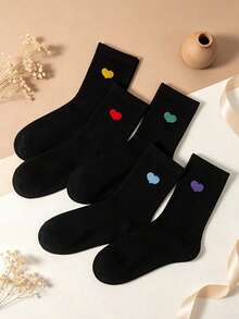 5 Pairs Women's Black Mid-Calf Socks, Soft Comfortable Casual Socks, Colorful Small Heart Pattern All-Season Versatile High-Top Socks - Multicolor - View 3