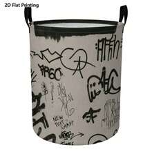 Retro Black Graffiti Label Text Print Cylindrical Laundry Basket, Foldable Storage Basket, Large-Capacity Dirty Clothes And Toy Storage Bin, Suitable For Teen Bedrooms, Dorms, And Bathrooms - Multicolor - View 8