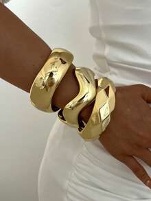 3/1pc Multi-Piece Stackable Fashion Minimalist Elegant Exquisite Vintage Design Geometric Ribbon Wavy Texture CCB Metal Style Exaggerated Chunky Bracelet Set, Holiday Vacation Party Date Gift, Daily Commute Wear, Personalized - Yellow Gold - View 6