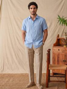 glestore Men's Vintage Old Money Aesthetic Linen-Texture Solid Color Short Sleeve Button-Up Shirt, Casual Versatile All-Season - Baby Blue - View 5