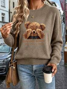 Plus Size Women Surprise Teddy Bear Pattern Casual Crew Neck Pullover Knit Sweater - Earth Gray - View 6