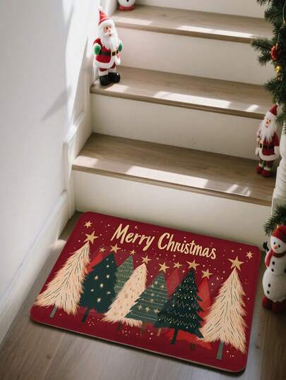 1pc Merry Christmas Holiday Style Doormat, Decorated With Gold Stars And Christmas Tree Pattern, Suitable For Home Bathroom Decor Mat, Outdoor Carpet Door Mat, Autumn Decor Bathroom Accessories, Garden Area Carpet, Outdoor Door Mat, Christmas Door Mat