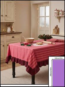 1pc Red And White Thin Striped With Burgundy Ruffle Edge Tablecloth, Christmas Baking Style Fabric Material, Rectangular Burgundy Ruffle Edge Patchwork Detail, Stain-Resistant Protection And Decorative Function For Home Long Table, Suitable For Christmas Baking Decor And Holiday Kitchen Scenes - Red - View 14