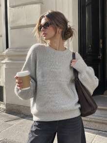 Women's Soft Ribbed Knit Long Sleeve Drop Shoulder Crew Neck Sweater, Casual Autumn Warm Knit Top - Light Grey - View 1