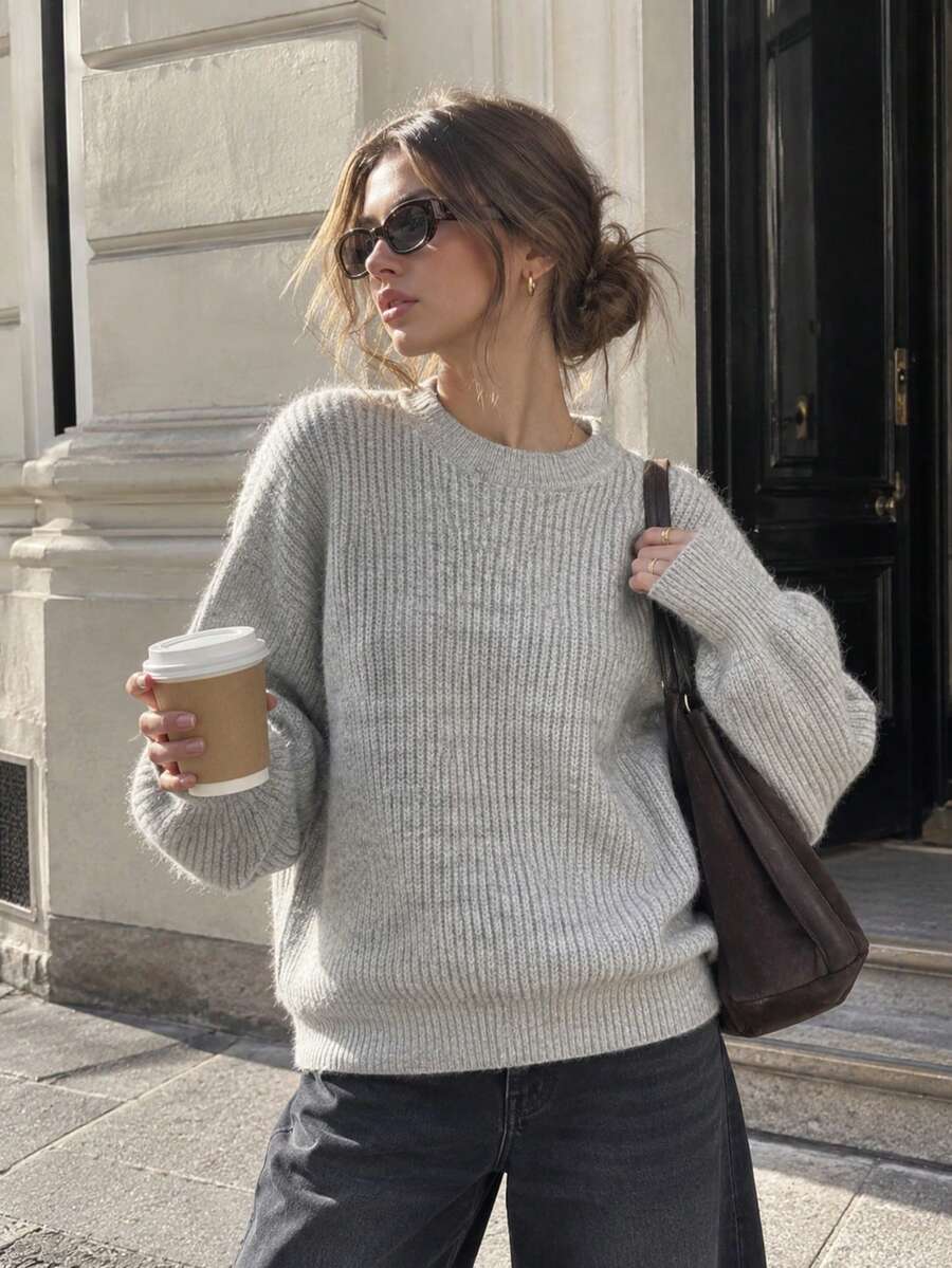 Women's Soft Ribbed Knit Long Sleeve Drop Shoulder Crew Neck Sweater, Casual Autumn Warm Knit Top - Light Grey - View 1