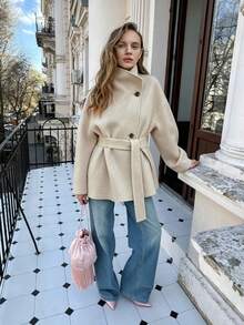 Women's Funnel Neck Tie-Front Long Sleeve Coat, Woven Fabric, Elegant Autumn/Winter Style - Apricot - View 2