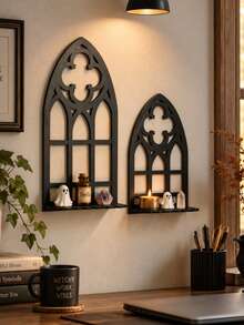 1pc Arched Wall-Mounted Storage Rack, Vintage Gothic Style Black Hollow Wall Display Shelf, Cathedral-Inspired Mini Plant Shelf, Halloween Party Backdrop Candle Holder Wall Storage Rack, Home Decor For Entryway, Living Room, Study, Bedroom, Aromatherapy Stone & Crystal Display, Gift - B - View 8