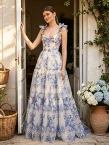 Vestido largo hombros al descubierto con lazos estampado floral organza falda multicapa amplia corsé ajustado estilo romántico ideal para boda fiesta graduación y eventos formales - Azul cielo - Ver 1