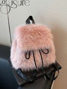 Luxury Soft Plush Women's Backpack Winter Solid Color Furry Shoulder Handbag Fashion Ladies Schoolbag For Females - Pink - View 1