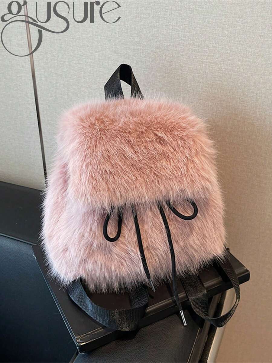 Luxury Soft Plush Women's Backpack Winter Solid Color Furry Shoulder Handbag Fashion Ladies Schoolbag For Females - Pink - View 1