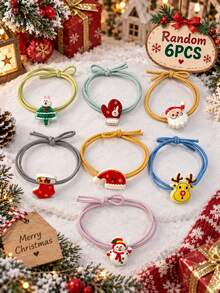 6pcs/Random Style Halloween Elements Hair Ties, Santa Claus, Christmas Tree, Reindeer, Snowman, Christmas Hat Hair Ties Set, Exquisite Gift - Multicolor - View 6