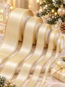 1 Roll Champagne Gold Edge Polyester Satin Ribbon 25 Yards, Gift Box Packaging Ribbon, Candy Box, Cake Box, Flower Decoration Ribbon, DIY Decoration Ribbon, Wedding, Party, Christmas Decoration Ribbon - Champagne - View 1