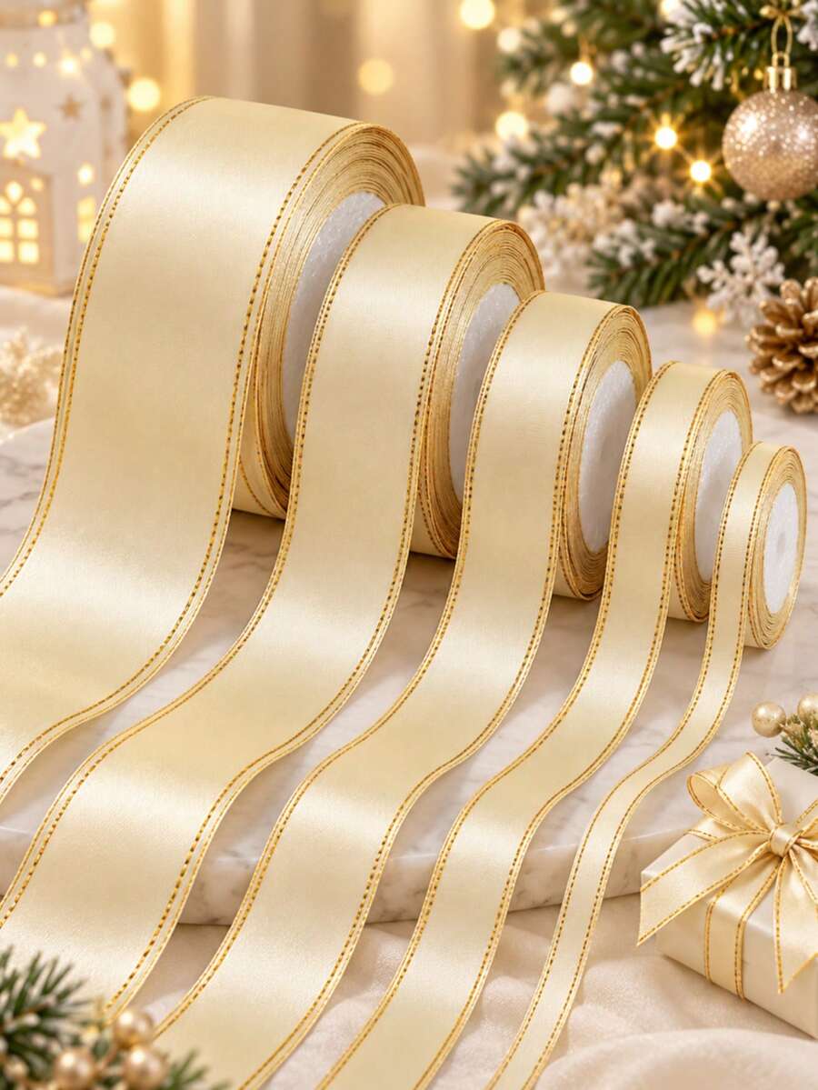1 Roll Champagne Gold Edge Polyester Satin Ribbon 25 Yards, Gift Box Packaging Ribbon, Candy Box, Cake Box, Flower Decoration Ribbon, DIY Decoration Ribbon, Wedding, Party, Christmas Decoration Ribbon - Champagne - View 1