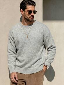 Men's Fashion Casual Vacation Versatile Solid Color Minimalist Crew Neck Long Sleeve Loose Ribbed Pullover Sweater Knit Top Daily Commute Home Wear Autumn/Winter - Grey - View 1
