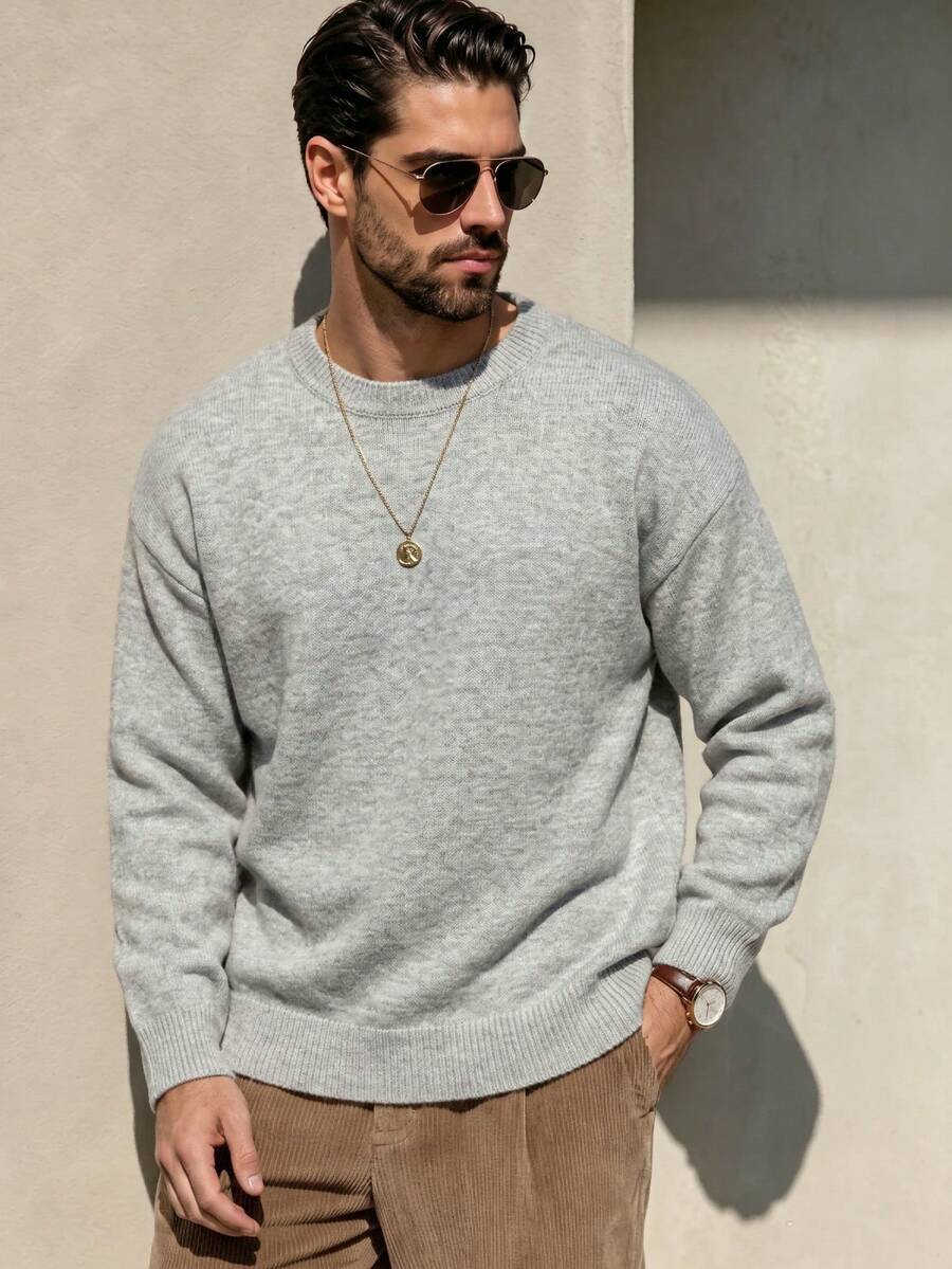 Men's Fashion Casual Vacation Versatile Solid Color Minimalist Crew Neck Long Sleeve Loose Ribbed Pullover Sweater Knit Top Daily Commute Home Wear Autumn/Winter - Grey - View 1
