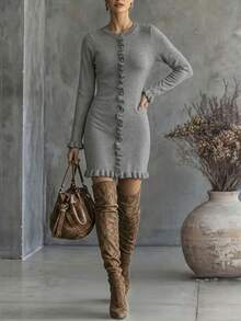 Women's Elegant Grey Ribbed Knit Fitted Long Sleeve Ruffle Hem Metal Button Sweater Dress, Autumn/Winter Date Outfit Fall - Grey - View 4